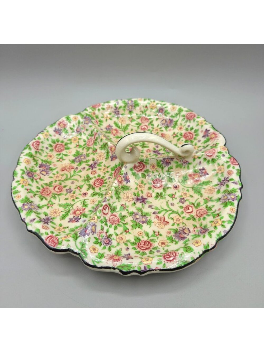 Vintage Chintz Divided Ceramic Serving Dish Handle Scalloped Edge